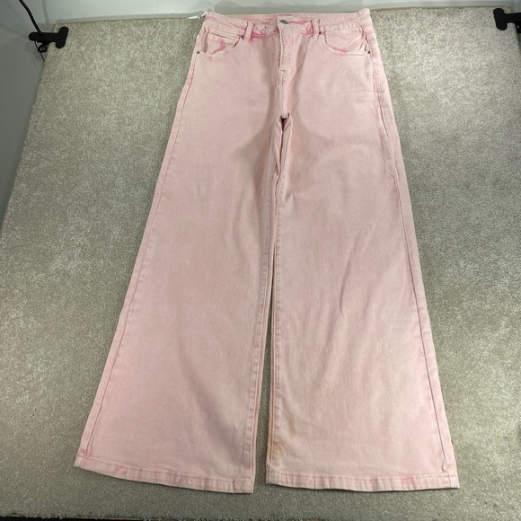 Risen Jeans Denim - Risen Jeans Wide Leg Jeans Womens 1XL Pink Acid Wash High Rise Streetwear